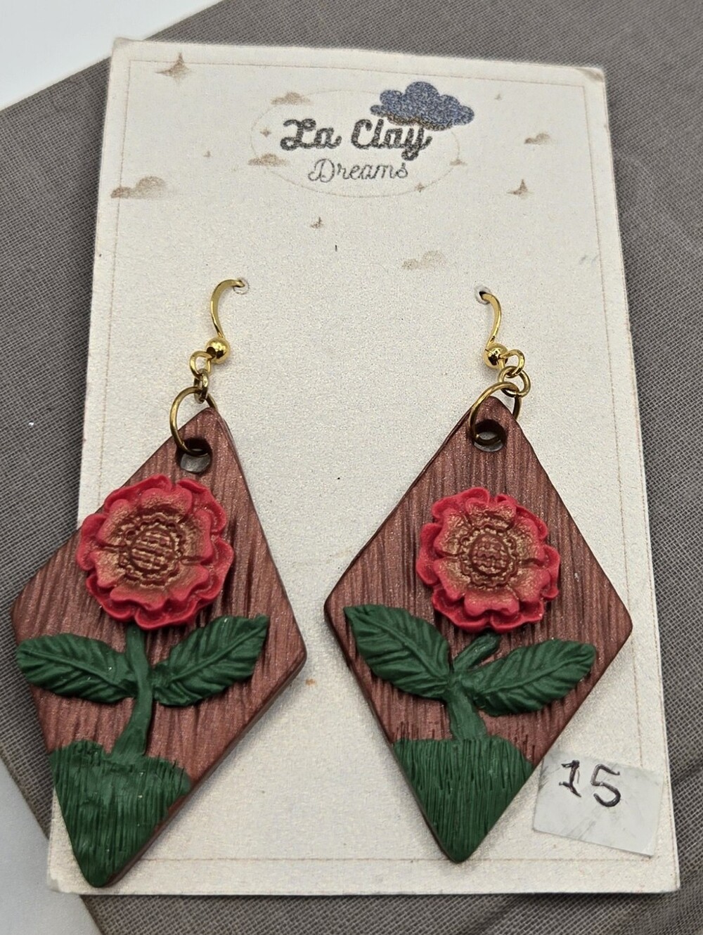 Handmade Clay Earrings Red Flowers Diamond Shape Boho Vacation Novelty Gift